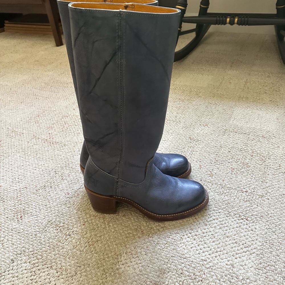 Frye Blue Heeled Boots with Stacked Heel